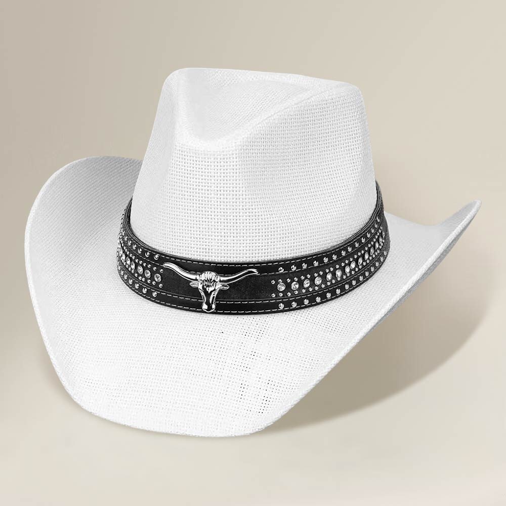 Metal Steer Head Emblem Studded Leather Band Western Straw Cowboy Fedora Hat